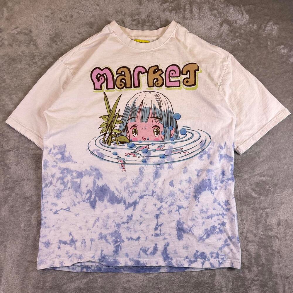 Market Pond Tie-Dye Graphic T-Shirt Men’s XL White Blue Anime Tee
